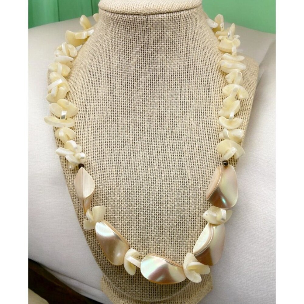 Vintage Faux  Mother of Pearl Beaded Necklace Chunky Surf Beach Island Luau